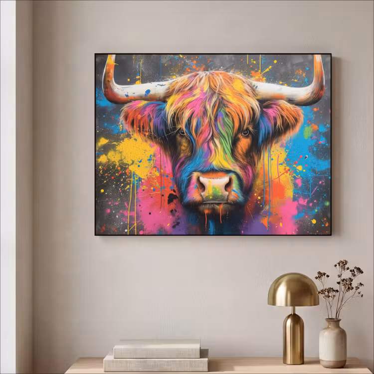 Graffiti - Schotse hooglander - Koe - Kleurrijk Textielframe - compleet frame klein -sfeer2