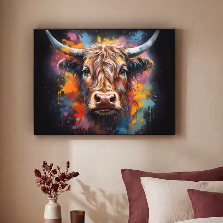 Graffiti - Schotse hooglander - Zwart - Koe Textielframe - compleet frame klein -sfeer1