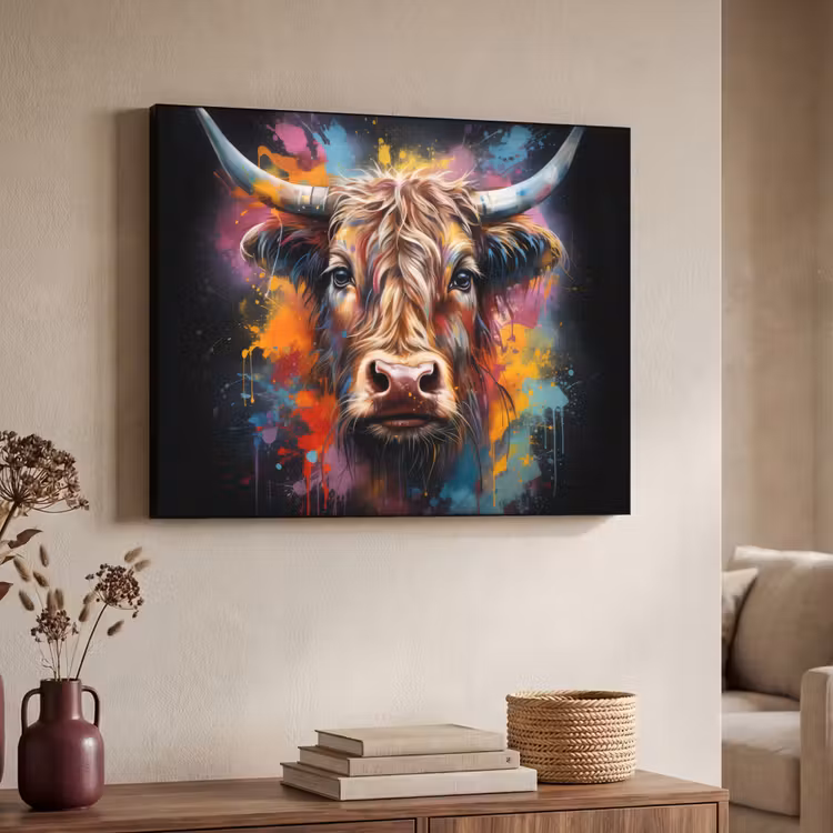 Graffiti - Schotse hooglander - Zwart - Koe Textielframe - compleet frame klein -sfeer3