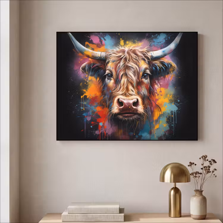 Graffiti - Schotse hooglander - Zwart - Koe Textielframe - compleet frame klein -sfeer2