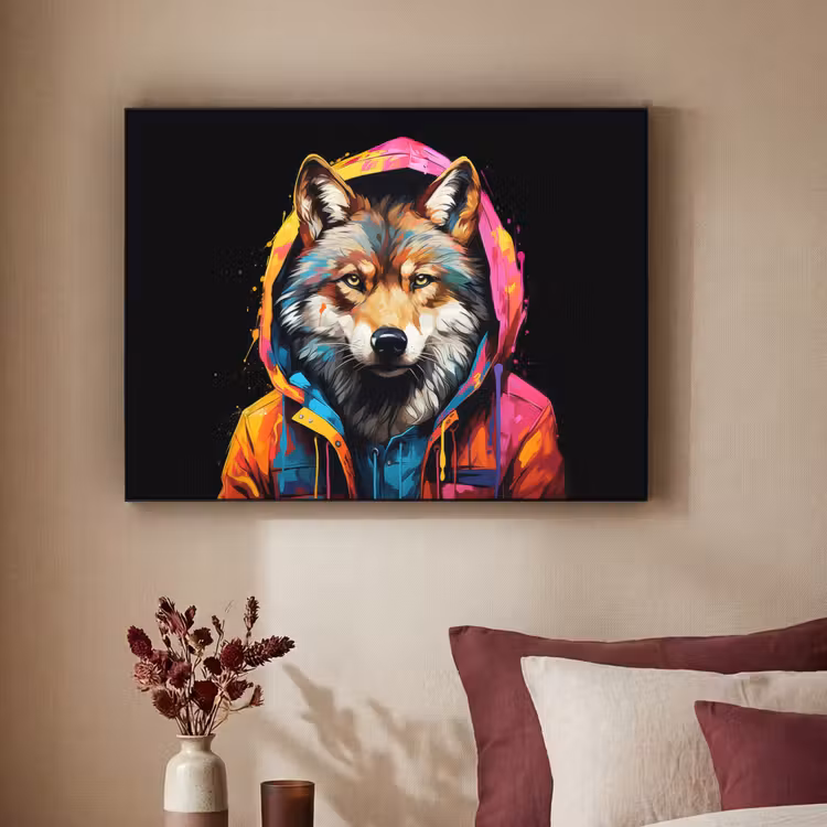 Graffiti - Wolf - Jas - Zwart Textielframe zwart klein -sfeer1