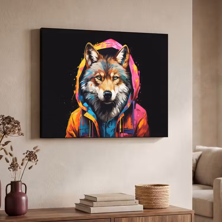Graffiti - Wolf - Jas - Zwart Textielframe zwart klein -sfeer3