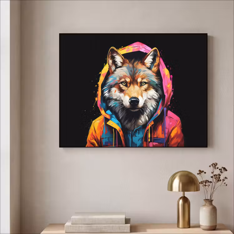 Graffiti - Wolf - Jas - Zwart Textielframe zwart klein -sfeer2