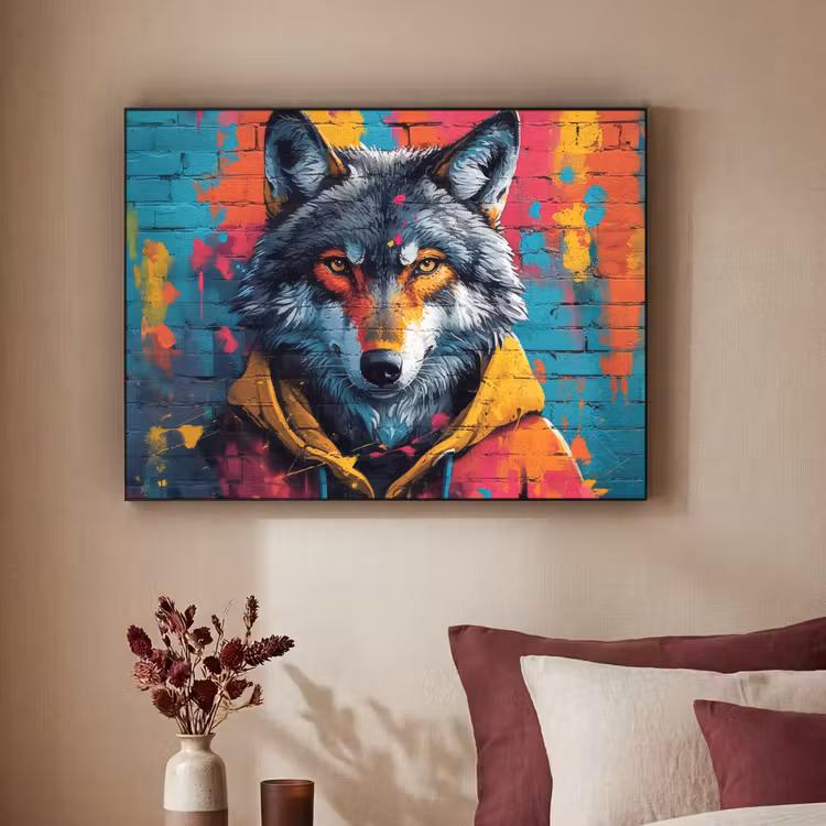 Graffiti - Wolf - Street art - Blauw Textielframe zwart klein -sfeer1