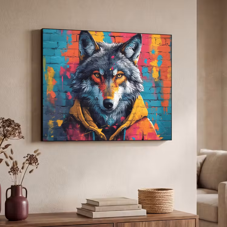 Graffiti - Wolf - Street art - Blauw Textielframe - compleet frame klein -sfeer3