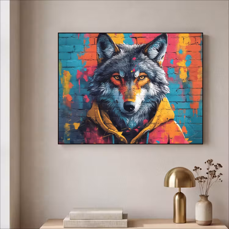 Graffiti - Wolf - Street art - Blauw Textielframe zwart klein -sfeer2