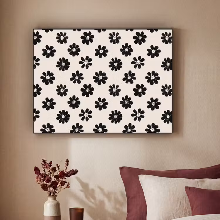 Grafisch - Madeliefjes - Zwart - Beige Textielframe zwart klein 947 -sfeer1