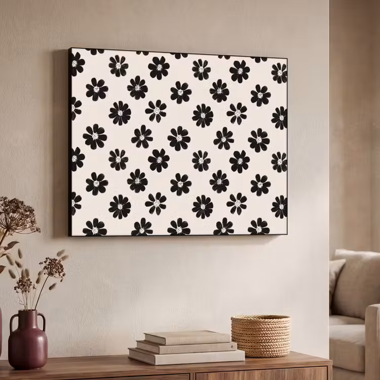 Grafisch - Madeliefjes - Zwart - Beige Textielframe zwart klein 947 -sfeer3