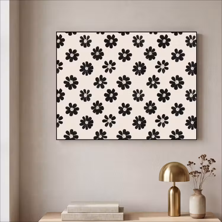 Grafisch - Madeliefjes - Zwart - Beige Textielframe zwart klein 947 -sfeer2