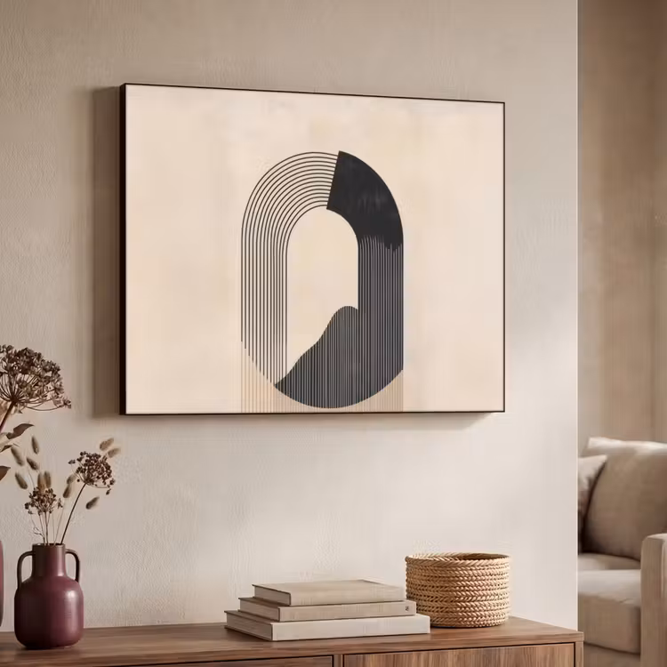 Grafisch gebogen motief - Beige Textielframe zwart klein -sfeer3