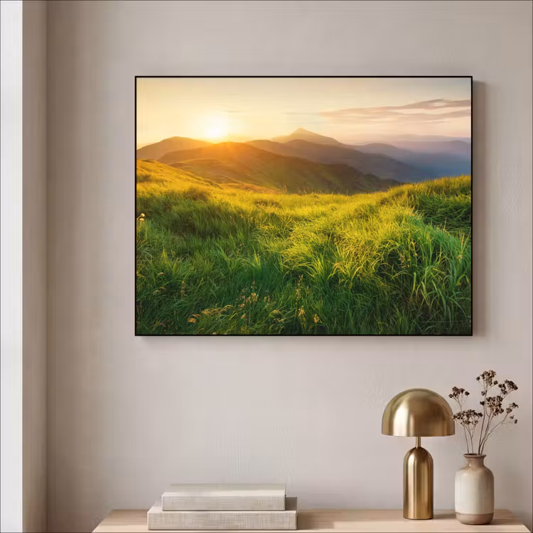 Gras - Heuvels - Zon - Natuur - Landschap Textielframe zwart klein -sfeer2
