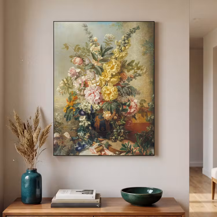 Grote vaas met bloemen - Josep Mirabent - Oude meesters Textielframe zwart klein -sfeer1