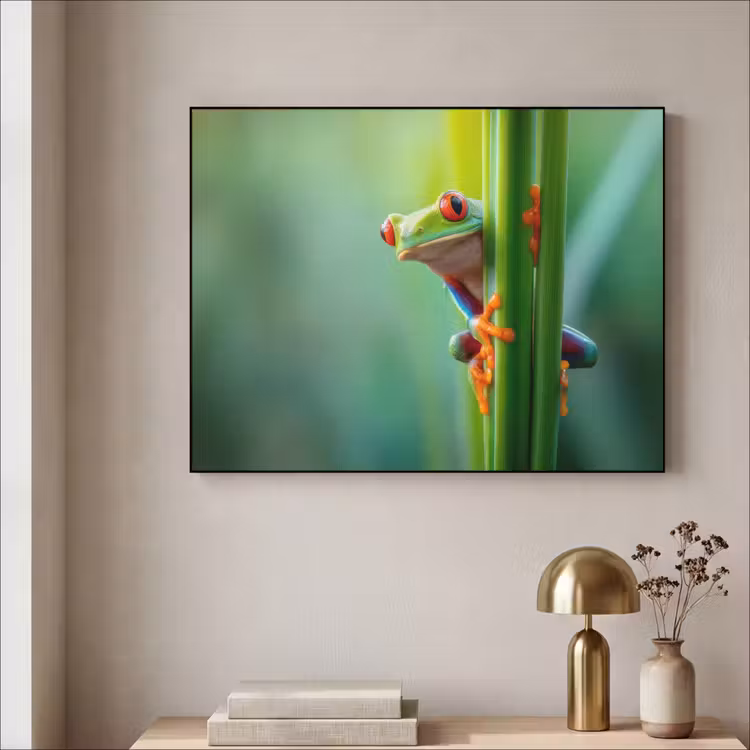 Groene kikker - Nieuwsgierig - Gras Textielframe - compleet frame klein -sfeer2