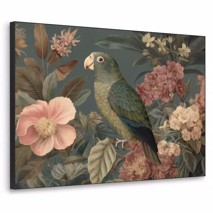 Groene papegaai - Kleurrijke bloemen - Donkere achtergrond Textielframe zwart klein -3d