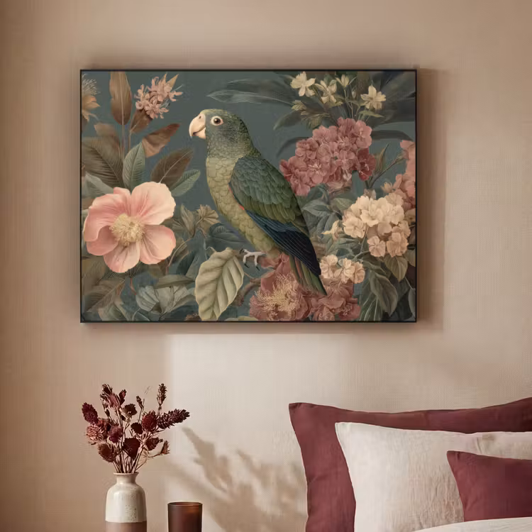 Groene papegaai - Kleurrijke bloemen - Donkere achtergrond Textielframe zwart klein -sfeer1