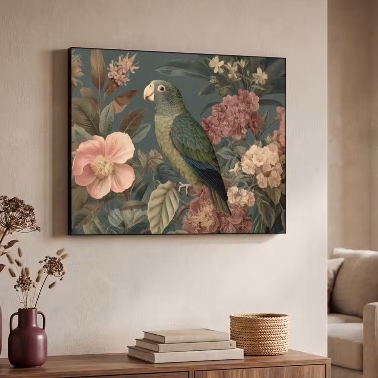 Groene papegaai - Kleurrijke bloemen - Donkere achtergrond Textielframe zwart klein -sfeer3