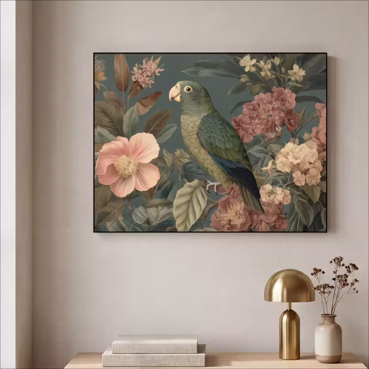 Groene papegaai - Kleurrijke bloemen - Donkere achtergrond Textielframe - compleet frame klein -sfeer2