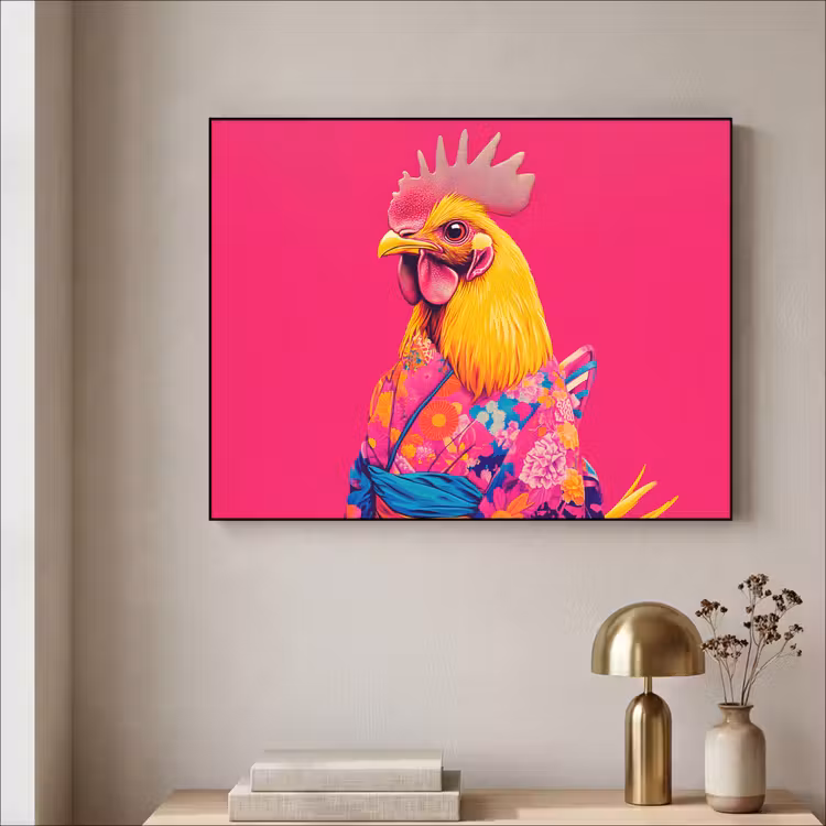 Haan - Kleurrijk - Kimono - Roze Textielframe - compleet frame klein -sfeer2