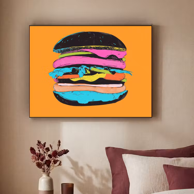 Hamburger - Kleurrijk - Speels Textielframe zwart klein -sfeer1