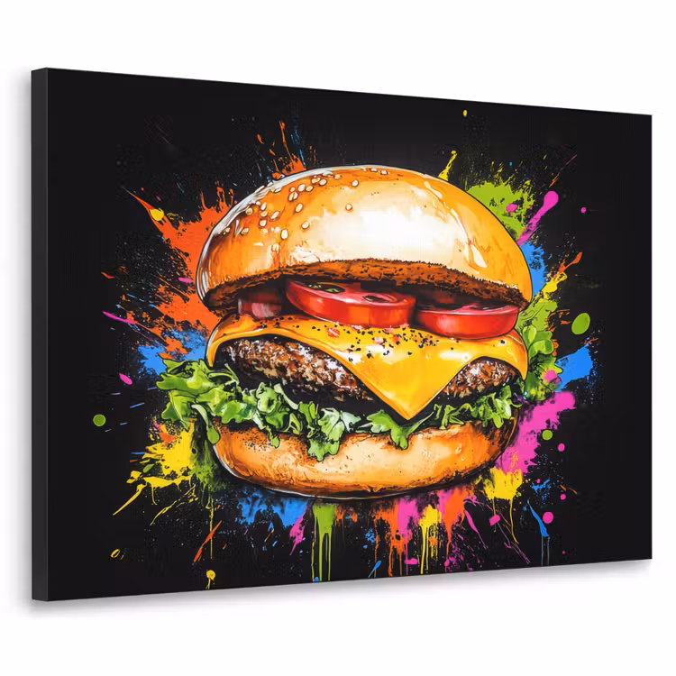 Hamburger - Graffiti - Verf - Kleurrijk - Eten - Abstract Textielframe zwart klein -3d