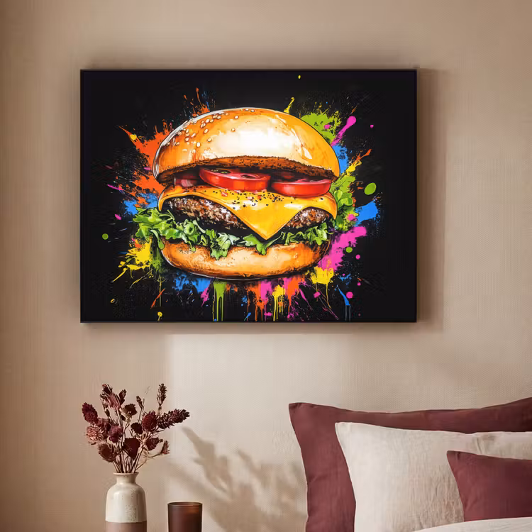 Hamburger - Graffiti - Verf - Kleurrijk - Eten - Abstract Textielframe zwart klein -sfeer1