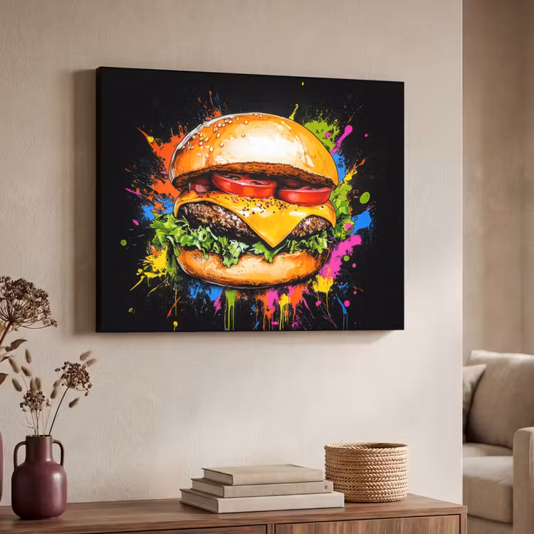Hamburger - Graffiti - Verf - Kleurrijk - Eten - Abstract Textielframe - compleet frame klein -sfeer3