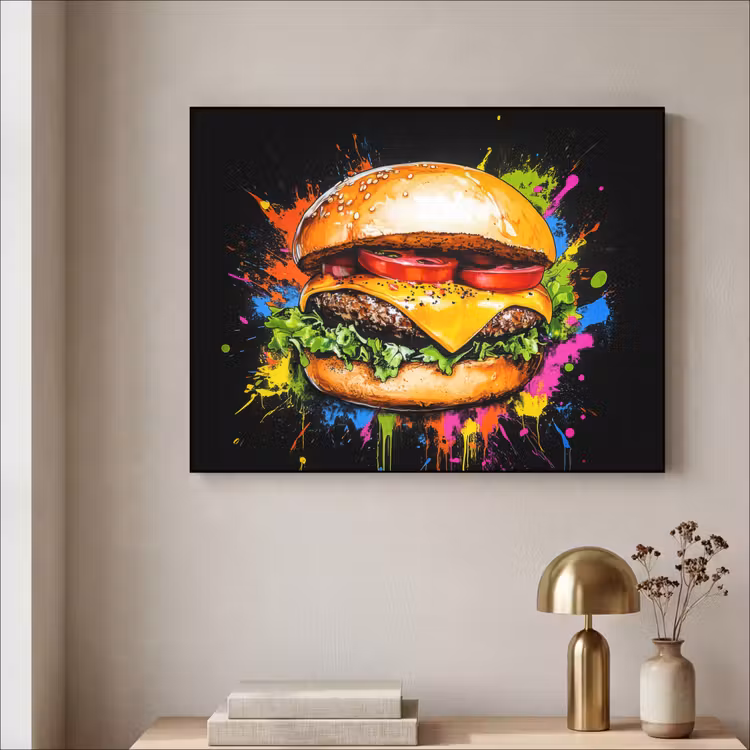 Hamburger - Graffiti - Verf - Kleurrijk - Eten - Abstract Textielframe zwart klein -sfeer2