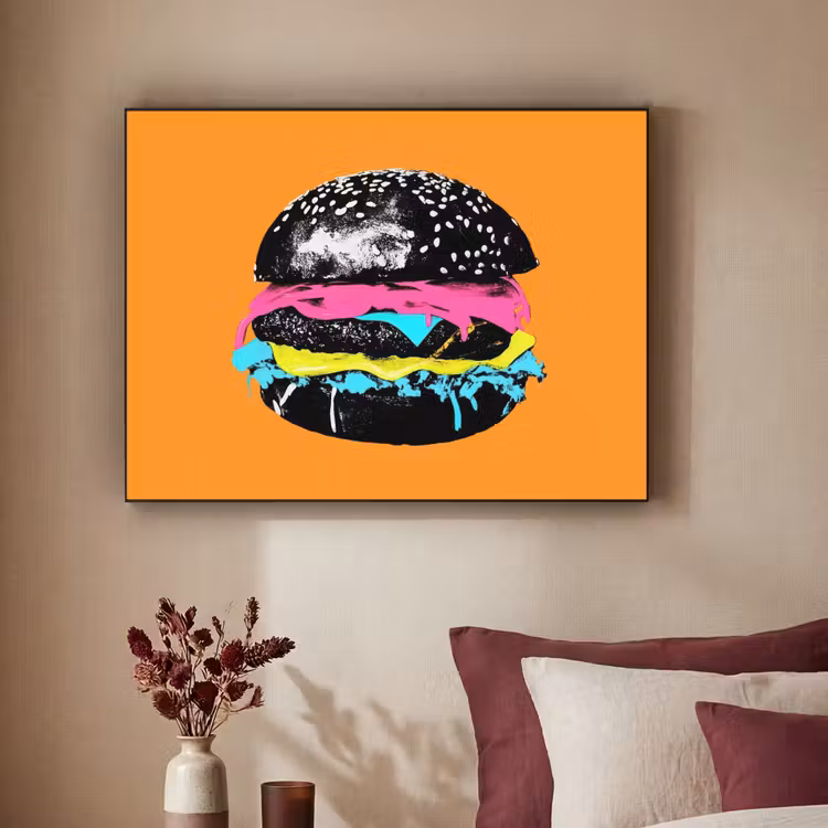 Hamburger - Oranje - Neon - popart Textielframe zwart klein -sfeer1