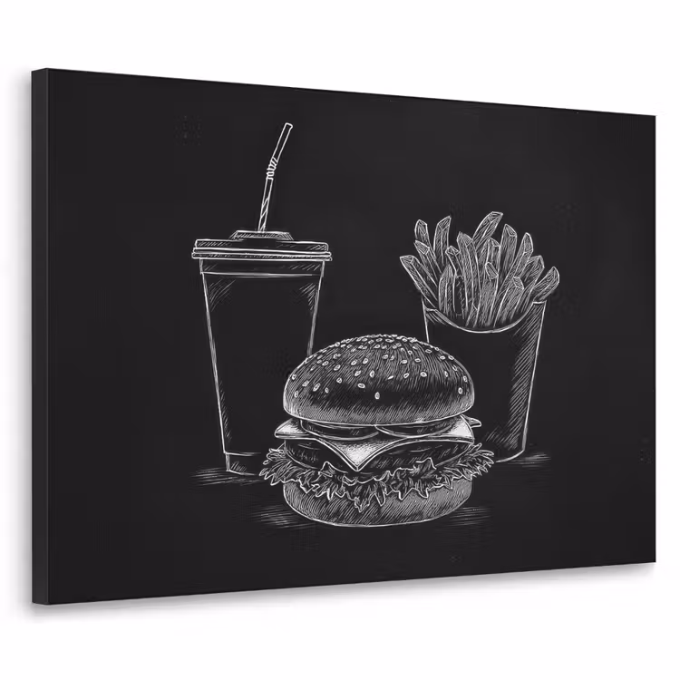 Hamburger - Friet - Frisdrank - Krijttekening Textielframe zwart klein -3d