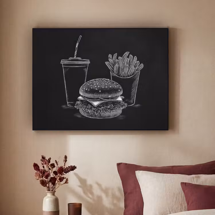 Hamburger - Friet - Frisdrank - Krijttekening Textielframe zwart klein -sfeer1