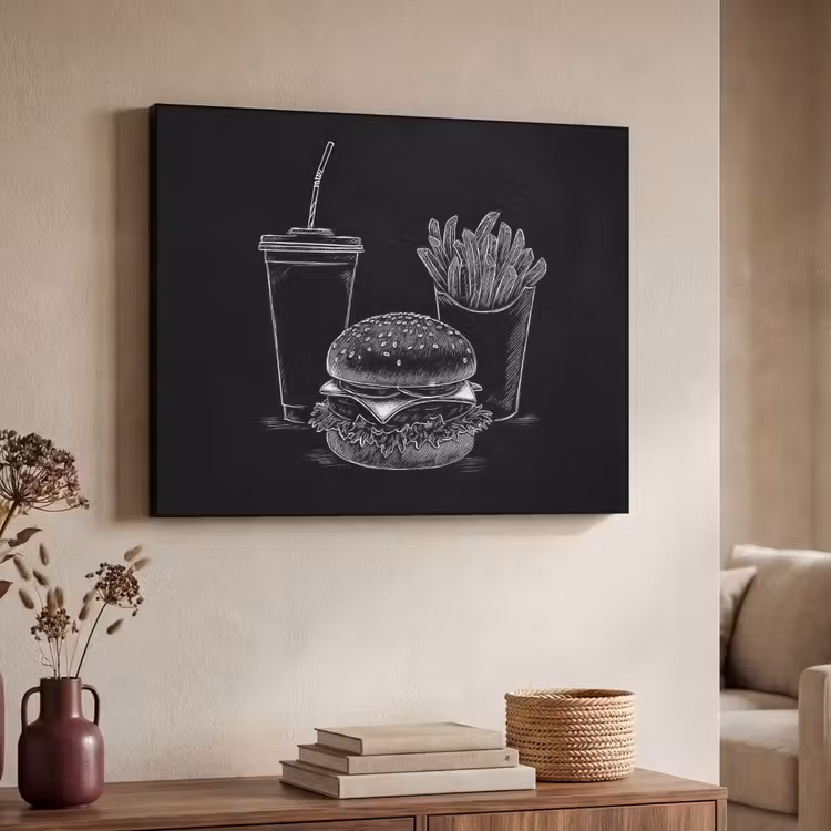 Hamburger - Friet - Frisdrank - Krijttekening Textielframe zwart klein -sfeer3