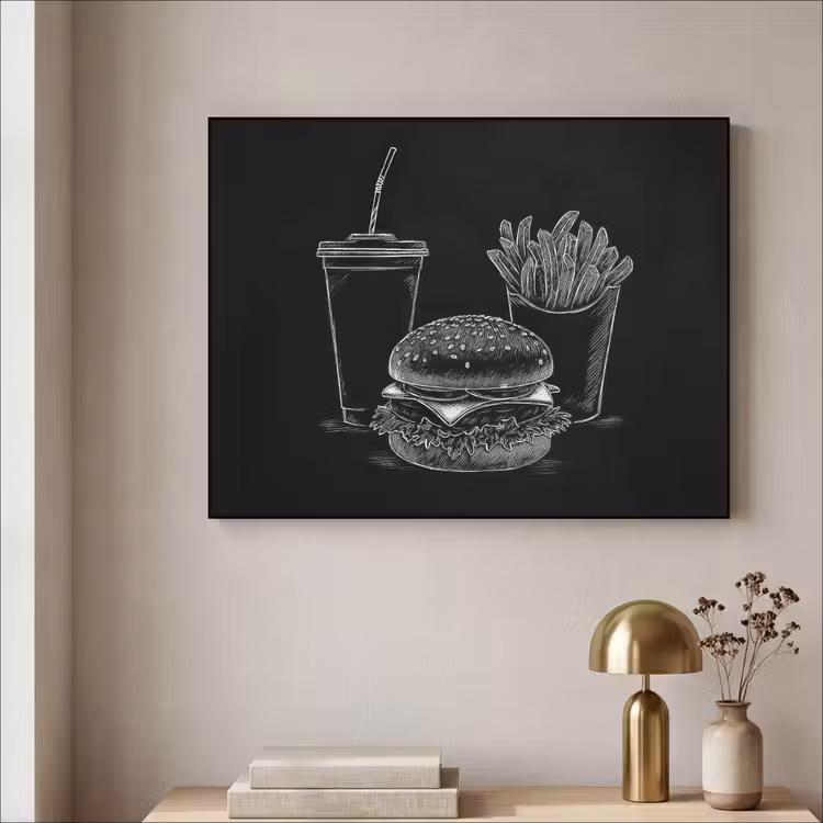 Hamburger - Friet - Frisdrank - Krijttekening Textielframe zwart klein -sfeer2