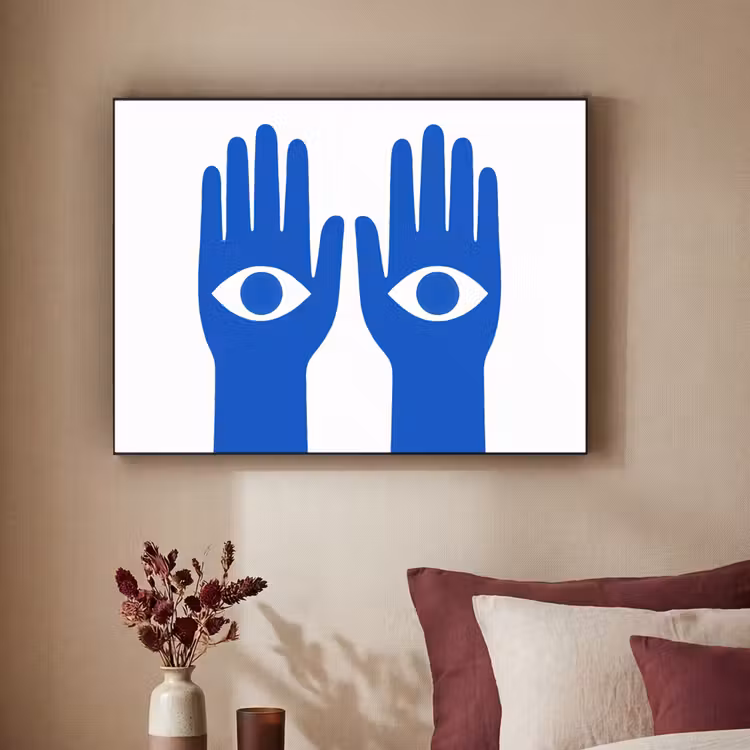 Handen - Twee - Ogen - Blauw Textielframe - compleet frame klein -sfeer1