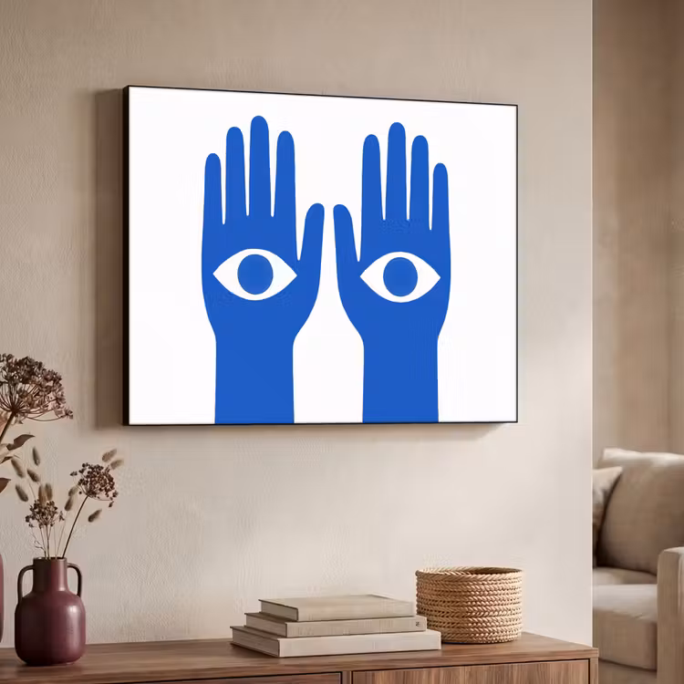 Handen - Twee - Ogen - Blauw Textielframe - compleet frame klein -sfeer3