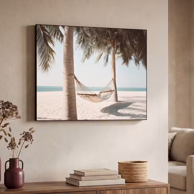 Hangmat - Palmbomen - Strand - Zee Textielframe zwart klein -sfeer3
