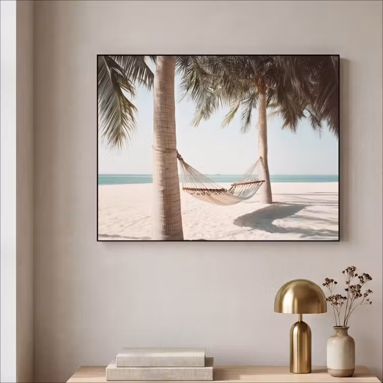 Hangmat - Palmbomen - Strand - Zee Textielframe - compleet frame klein -sfeer2