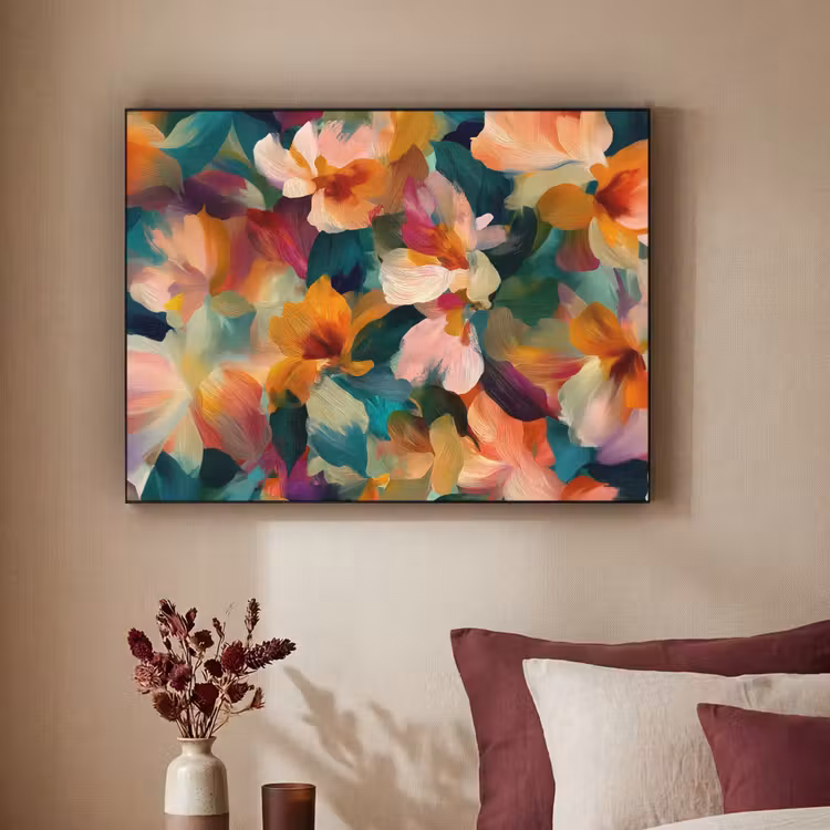 Harmonieus - Abstracte bloemen - Warme tinten Textielframe zwart klein -sfeer1