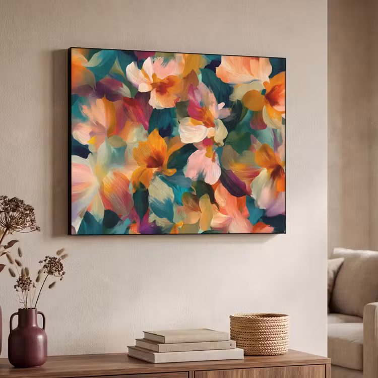 Harmonieus - Abstracte bloemen - Warme tinten Textielframe zwart klein -sfeer3
