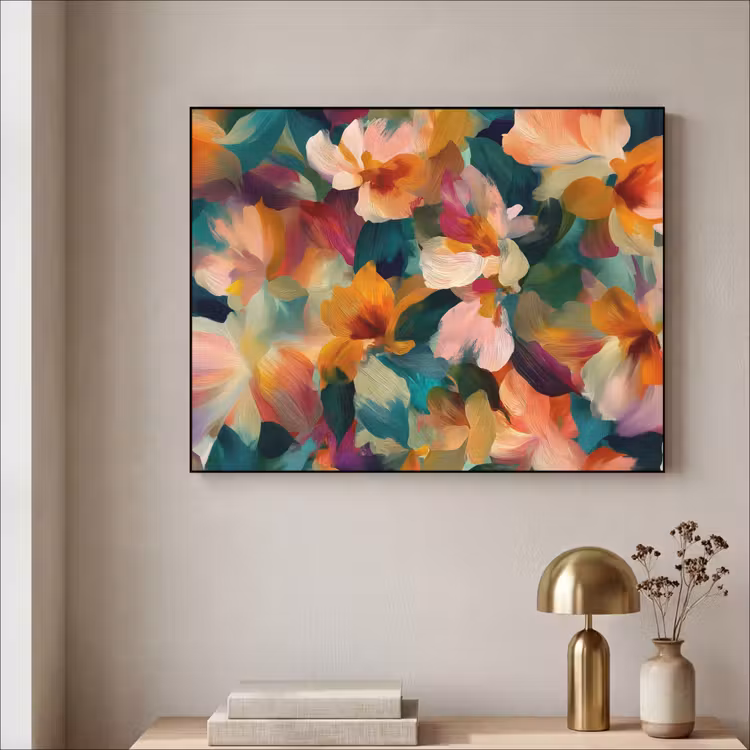 Harmonieus - Abstracte bloemen - Warme tinten Textielframe zwart klein -sfeer2