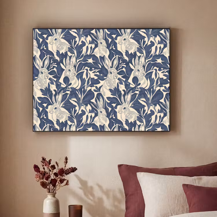 Hazen - Bladeren - Patroon - Blauw - Beige Textielframe zwart klein 947 -sfeer1
