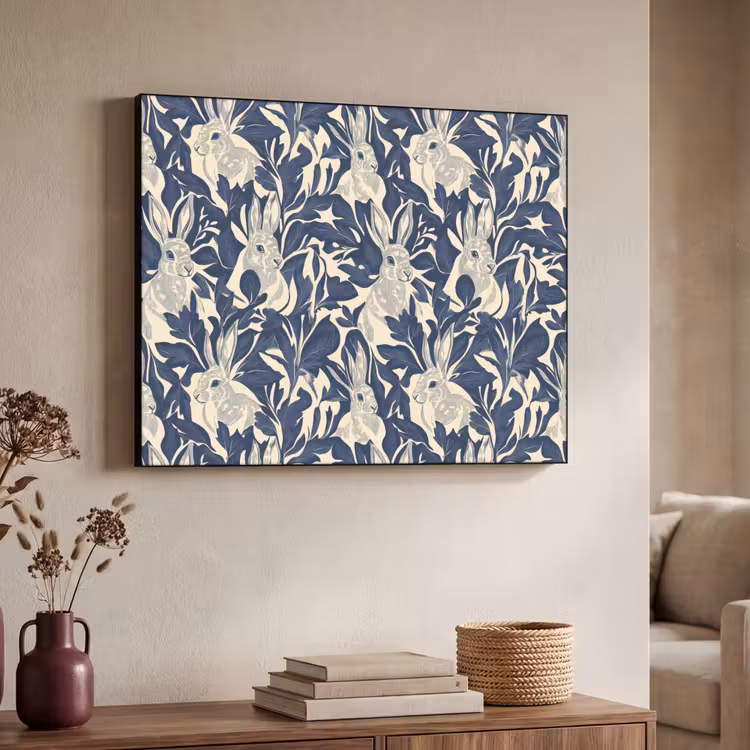 Hazen - Bladeren - Patroon - Blauw - Beige Textielframe zwart klein 947 -sfeer3