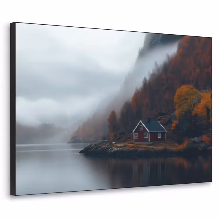 Huis - Rood - Bergen - Water Textielframe zwart klein -3d