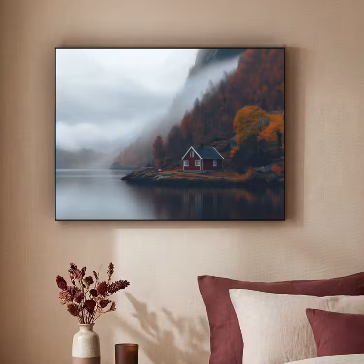 Huis - Rood - Bergen - Water Textielframe zwart klein -sfeer1