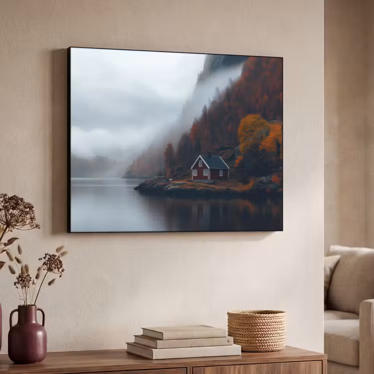 Huis - Rood - Bergen - Water Textielframe zwart klein -sfeer3