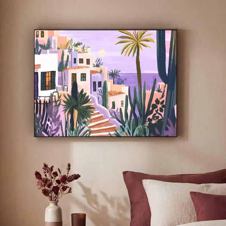 Huizen - Minimalistisch - Palmbomen - Kust Textielframe - compleet frame klein -sfeer1