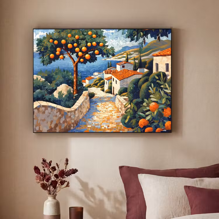 Huizen - Mozaïek - Sinaasappelbomen - Zee Textielframe zwart klein -sfeer1