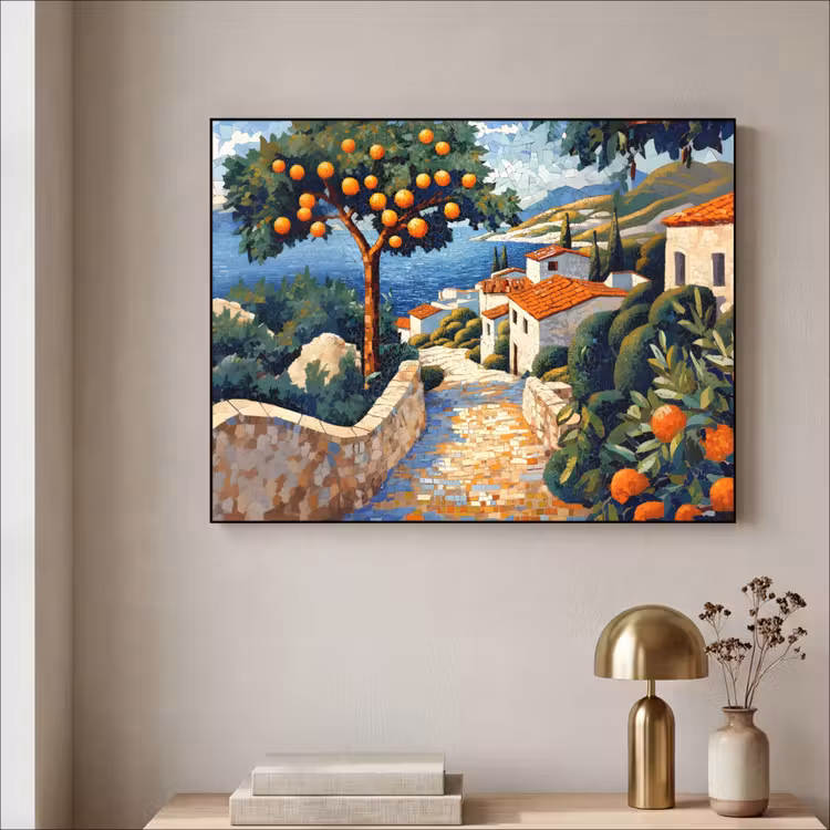 Huizen - Mozaïek - Sinaasappelbomen - Zee Textielframe zwart klein -sfeer2
