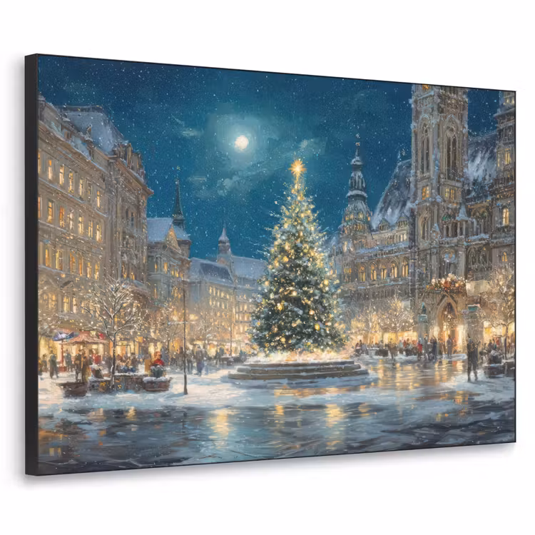 Kerstnacht - Stadsplein - Meerkleurig Textielframe zwart klein -3d