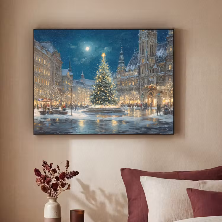 Kerstnacht - Stadsplein - Meerkleurig Textielframe - compleet frame klein -sfeer1
