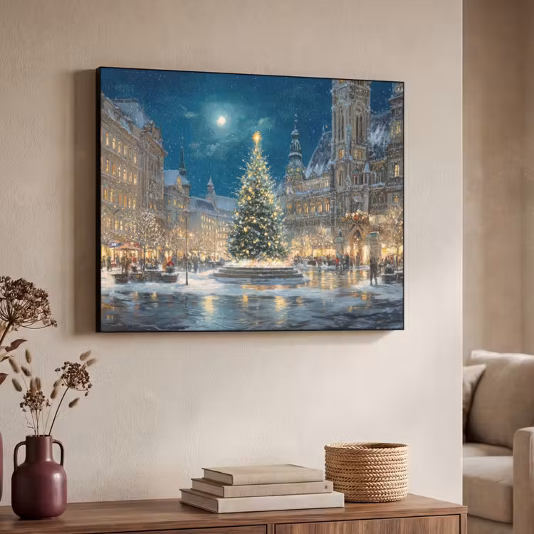 Kerstnacht - Stadsplein - Meerkleurig Textielframe - compleet frame klein -sfeer3